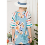 Blue Floral Striped Sleeve Plus Size Top
