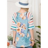 Blue Floral Striped Sleeve Plus Size Top