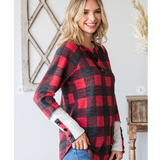 Red Checkered Print w Accent Sleeve Top