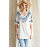 Cream with Blue Paisley Chevron Accents Top