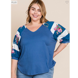 Blue & Floral Stripe Plus Size Top