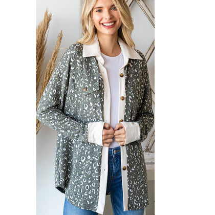 Olive Green Animal Print Knit Shacket