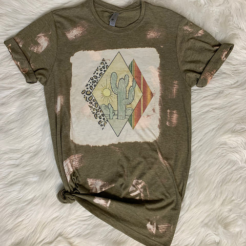 Bleached Diamond Pattern Cactus Graphic T-Shirt
