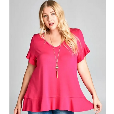 Bright Pink Ruffle Sleeve Plus Size Top