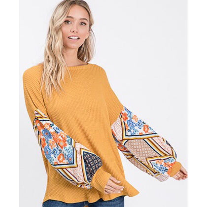 Mustard Boho Floral Sleeves Waffle Knit Top