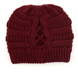 Burgundy Criss Cross Ponytail C.C Cable Knit Beanie Hat